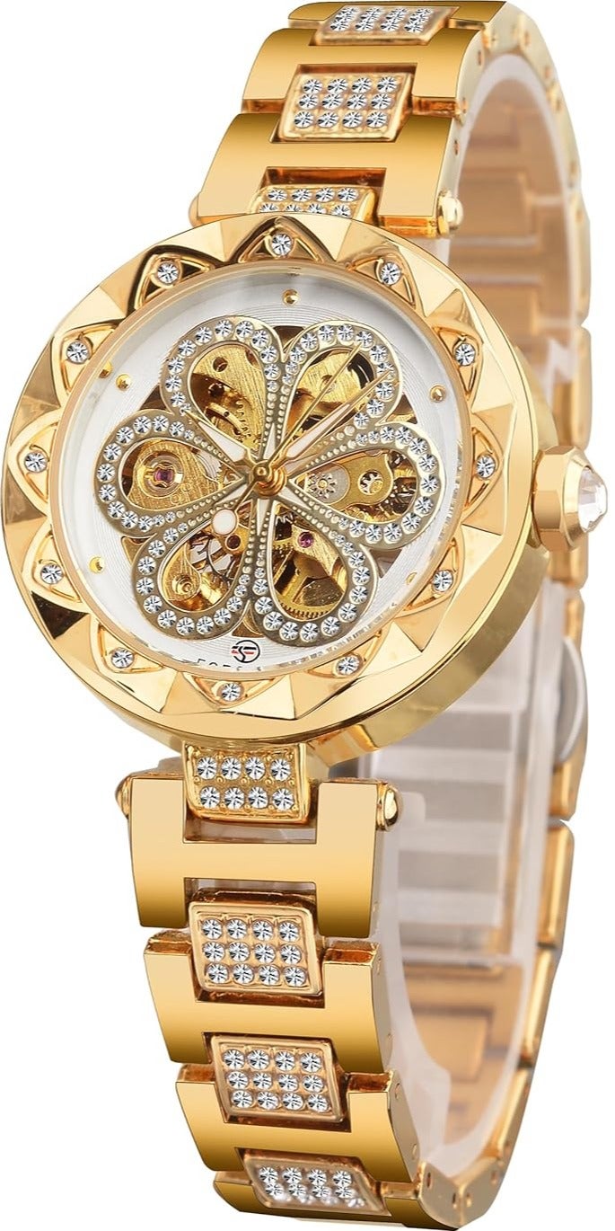 FORSINING Women Automatic Mechanical Watches Skeleton Steampunk Watch with Diamond and Carving Flower Craft Cold Watch for Women Minimalist Retro Design Mechanical Skeleton Wrist Watch - Image 1